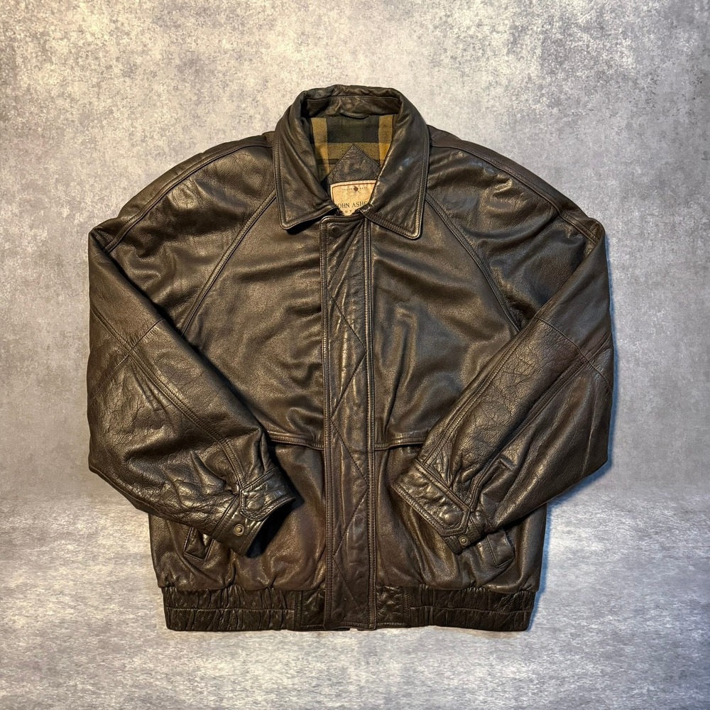 Vintage John Ashfordβ Outdoors Mens Black Leather Bomber Jacket Plaid Lined M